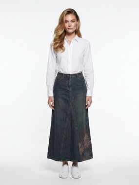 Wallis Denim Long Skirt with Pink Flower Design